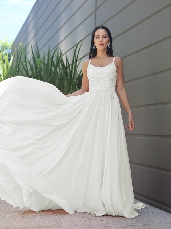 A-Line/Princess Chiffon Lace Spaghetti Straps Sleeveless Sweep/Brush Train Bridesmaid Dresses 2147