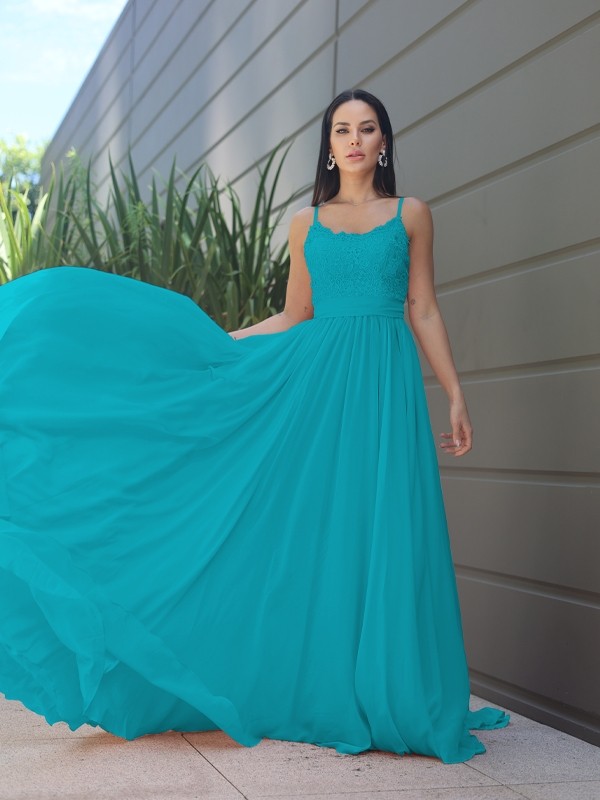 A-Line/Princess Chiffon Lace Spaghetti Straps Sleeveless Sweep/Brush Train Bridesmaid Dresses 2147