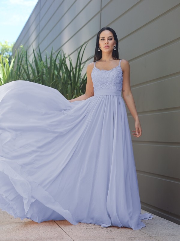 A-Line/Princess Chiffon Lace Spaghetti Straps Sleeveless Sweep/Brush Train Bridesmaid Dresses 2147