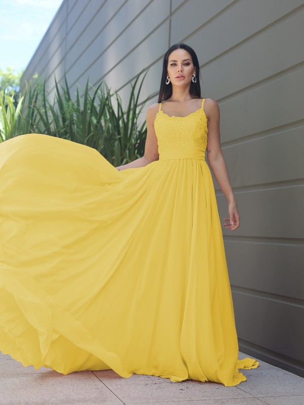 A-Line/Princess Chiffon Lace Spaghetti Straps Sleeveless Sweep/Brush Train Bridesmaid Dresses 2147