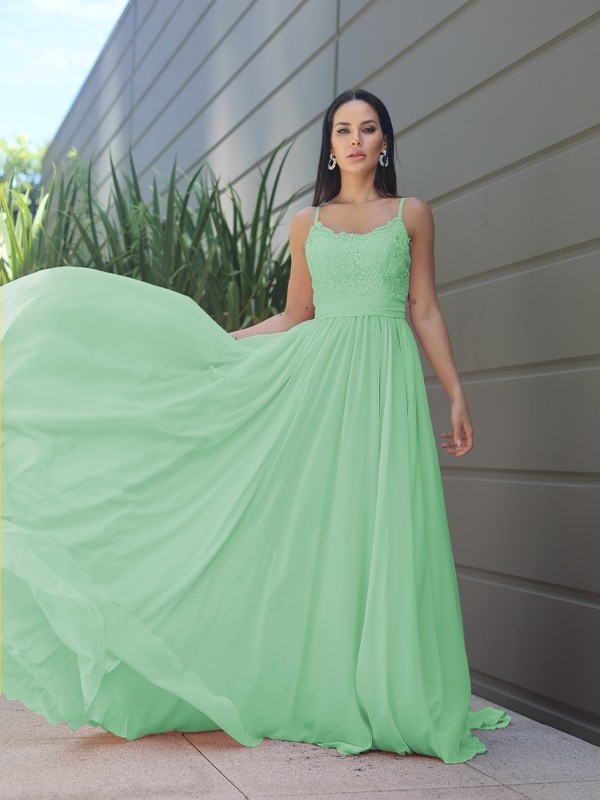 A-Line/Princess Chiffon Lace Spaghetti Straps Sleeveless Sweep/Brush Train Bridesmaid Dresses 2147