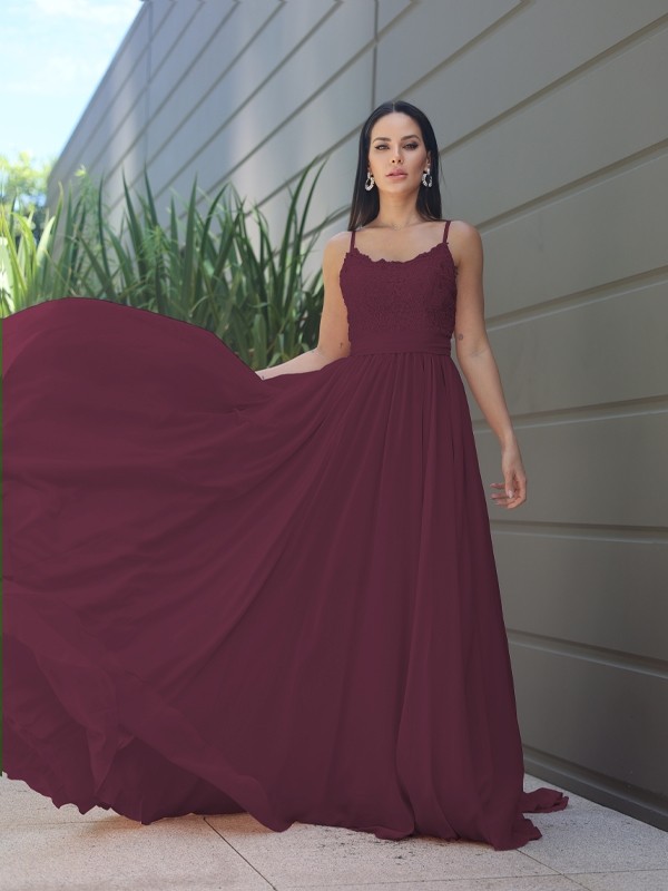 A-Line/Princess Chiffon Lace Spaghetti Straps Sleeveless Sweep/Brush Train Bridesmaid Dresses 2147