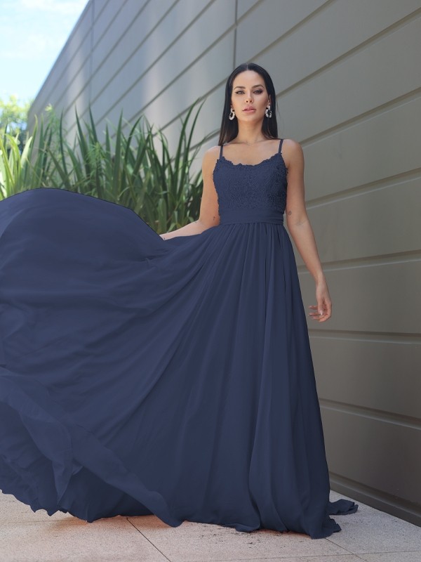 A-Line/Princess Chiffon Lace Spaghetti Straps Sleeveless Sweep/Brush Train Bridesmaid Dresses 2147