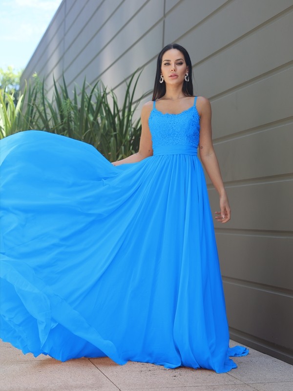 A-Line/Princess Chiffon Lace Spaghetti Straps Sleeveless Sweep/Brush Train Bridesmaid Dresses 2147