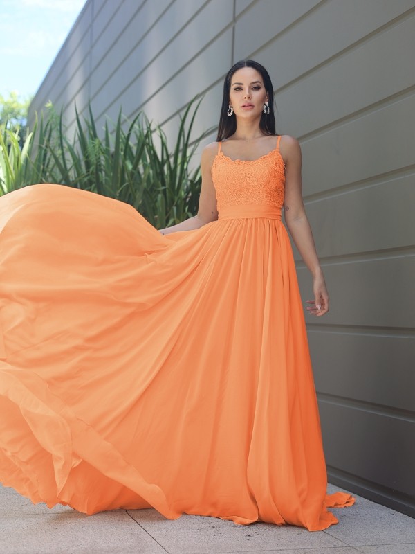 A-Line/Princess Chiffon Lace Spaghetti Straps Sleeveless Sweep/Brush Train Bridesmaid Dresses 2147