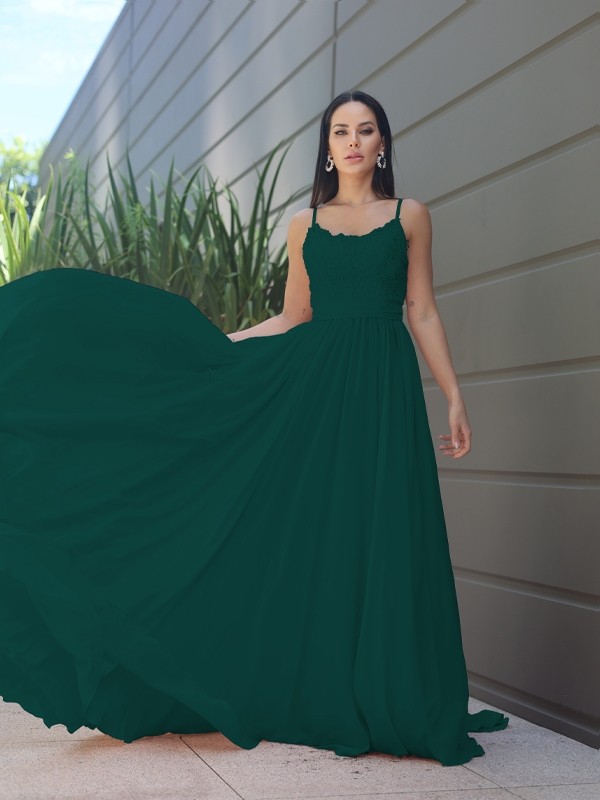 A-Line/Princess Chiffon Lace Spaghetti Straps Sleeveless Sweep/Brush Train Bridesmaid Dresses 2147