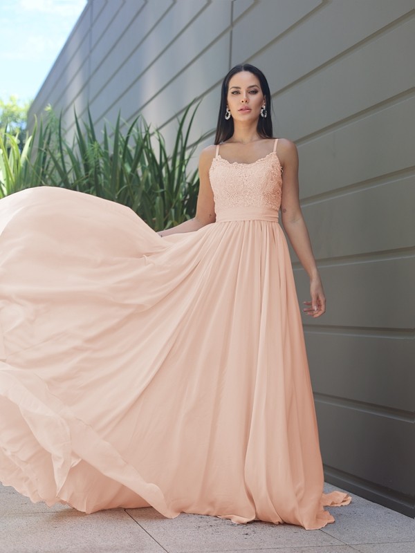 A-Line/Princess Chiffon Lace Spaghetti Straps Sleeveless Sweep/Brush Train Bridesmaid Dresses 2147