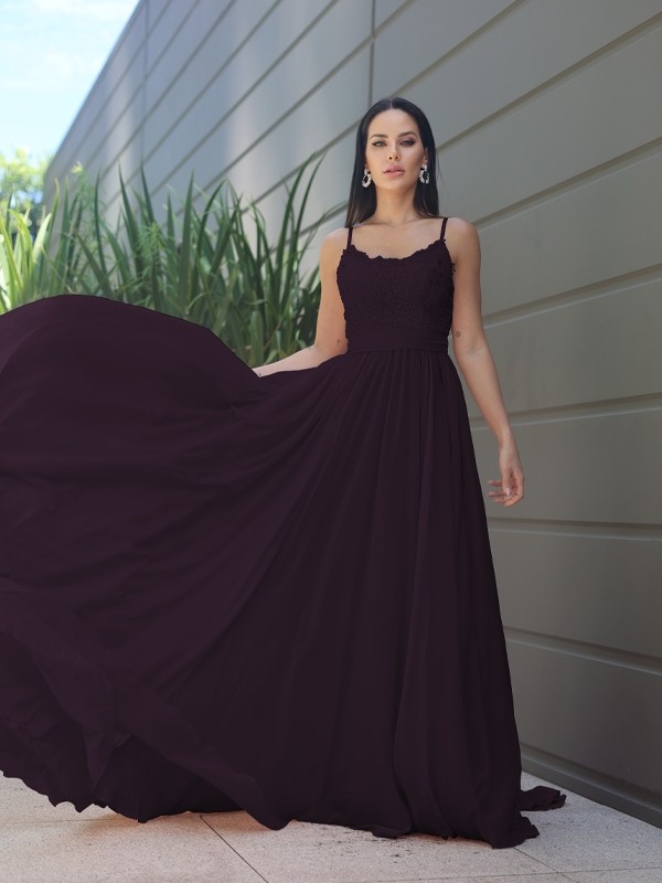 A-Line/Princess Chiffon Lace Spaghetti Straps Sleeveless Sweep/Brush Train Bridesmaid Dresses 2147