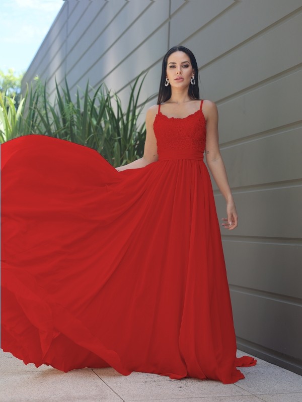 A-Line/Princess Chiffon Lace Spaghetti Straps Sleeveless Sweep/Brush Train Bridesmaid Dresses 2147