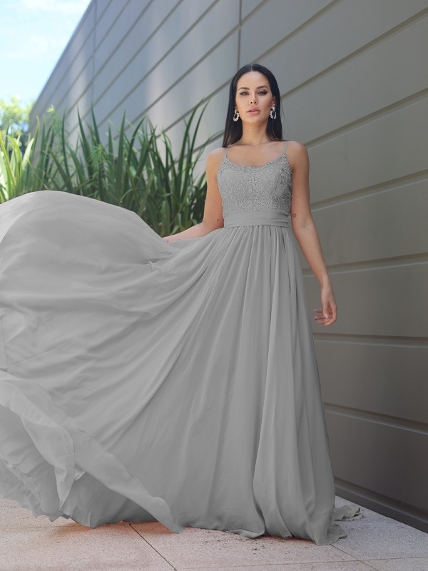 A-Line/Princess Chiffon Lace Spaghetti Straps Sleeveless Sweep/Brush Train Bridesmaid Dresses 2147