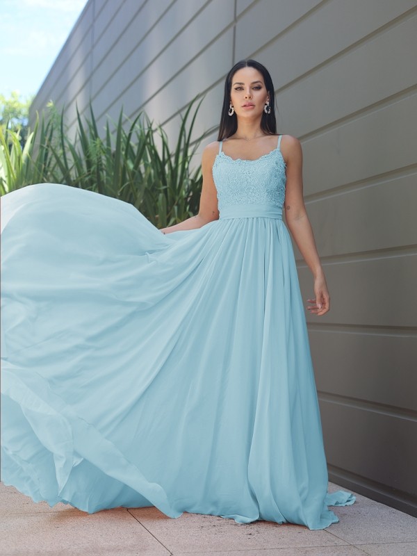 A-Line/Princess Chiffon Lace Spaghetti Straps Sleeveless Sweep/Brush Train Bridesmaid Dresses 2147