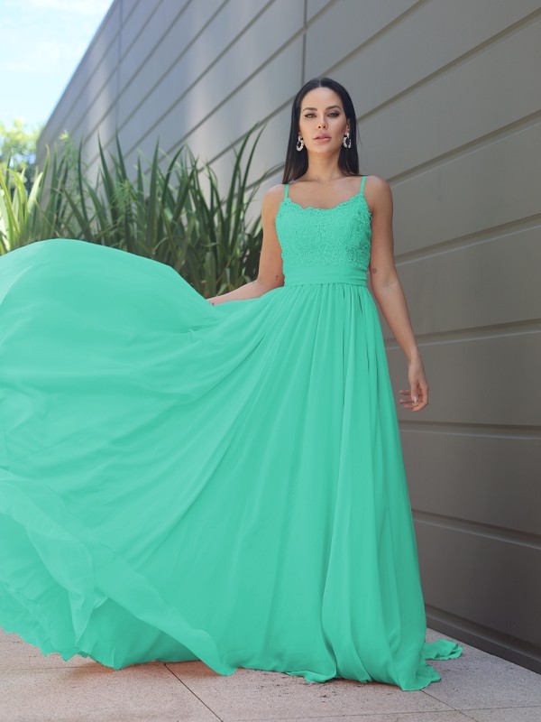 A-Line/Princess Chiffon Lace Spaghetti Straps Sleeveless Sweep/Brush Train Bridesmaid Dresses 2147