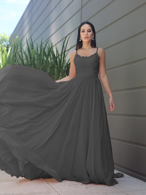 A-Line/Princess Chiffon Lace Spaghetti Straps Sleeveless Sweep/Brush Train Bridesmaid Dresses 2147