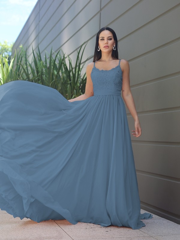 A-Line/Princess Chiffon Lace Spaghetti Straps Sleeveless Sweep/Brush Train Bridesmaid Dresses 2147