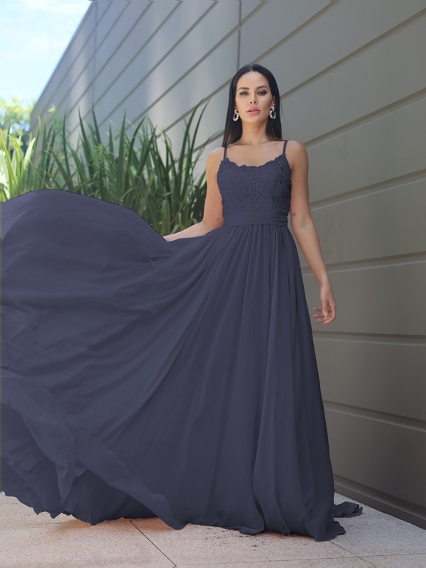 A-Line/Princess Chiffon Lace Spaghetti Straps Sleeveless Sweep/Brush Train Bridesmaid Dresses 2147