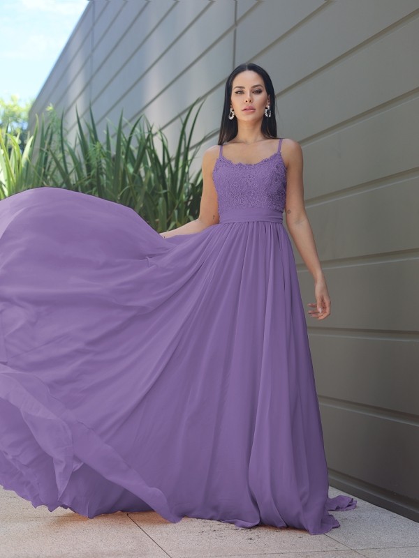 A-Line/Princess Chiffon Lace Spaghetti Straps Sleeveless Sweep/Brush Train Bridesmaid Dresses 2147