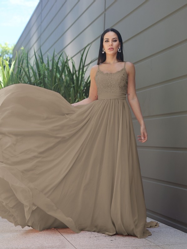 A-Line/Princess Chiffon Lace Spaghetti Straps Sleeveless Sweep/Brush Train Bridesmaid Dresses 2147