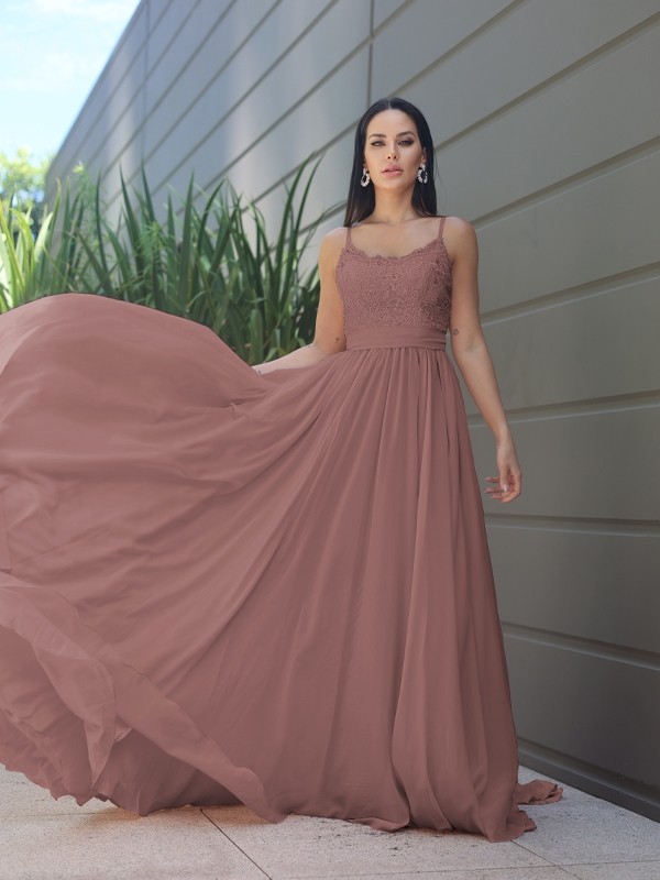 A-Line/Princess Chiffon Lace Spaghetti Straps Sleeveless Sweep/Brush Train Bridesmaid Dresses 2147