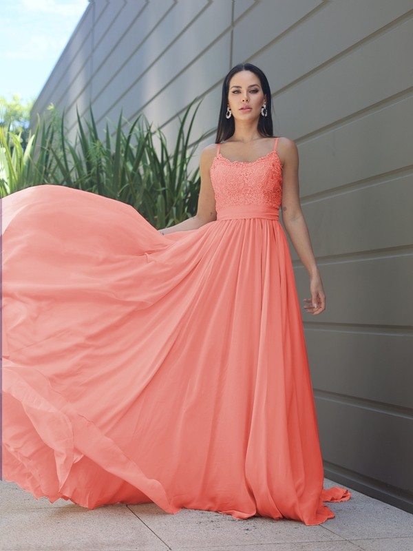 A-Line/Princess Chiffon Lace Spaghetti Straps Sleeveless Sweep/Brush Train Bridesmaid Dresses 2147