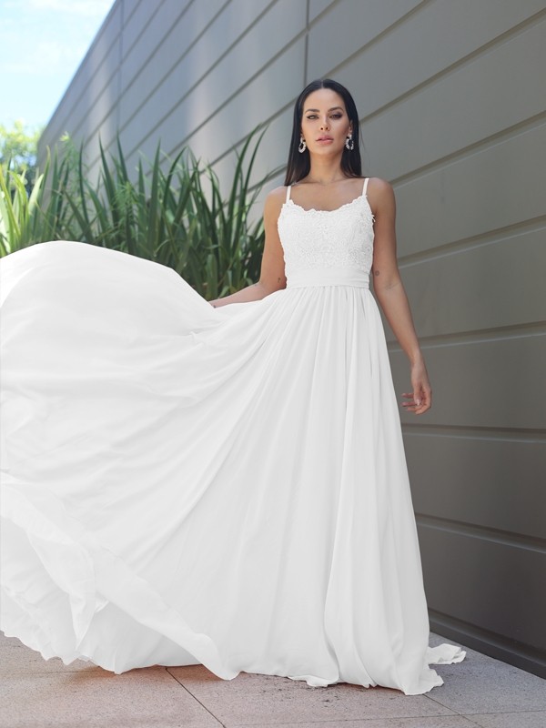 A-Line/Princess Chiffon Lace Spaghetti Straps Sleeveless Sweep/Brush Train Bridesmaid Dresses 2147