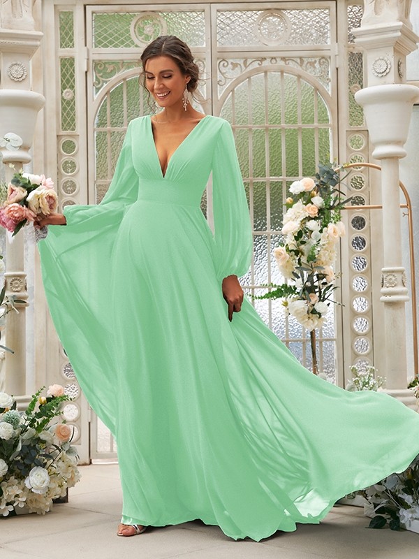 A-Line/Princess Chiffon Ruffles V-neck Long Sleeves Sweep/Brush Train Bridesmaid Dresses 2219