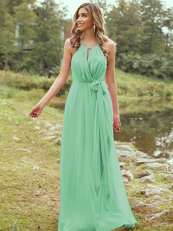 A-Line/Princess Chiffon Ruffles Halter Sleeveless Sweep/Brush Train Bridesmaid Dresses 2196