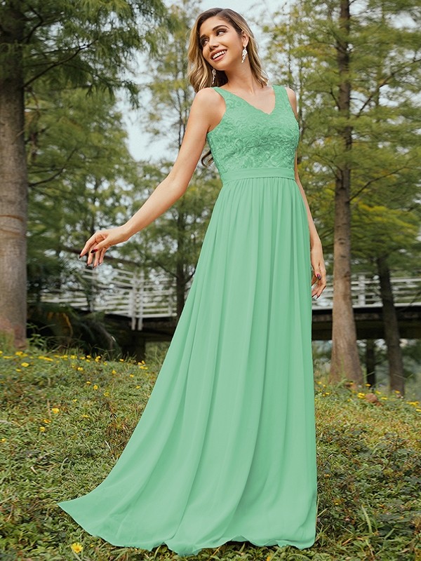 A-Line/Princess Chiffon Lace V-neck Sleeveless Floor-Length Bridesmaid Dresses 2152