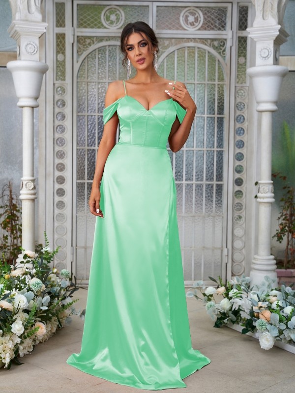 A-Line/Princess Silk like Satin Ruched Sweetheart Sleeveless Sweep/Brush Train Bridesmaid Dresses 2473