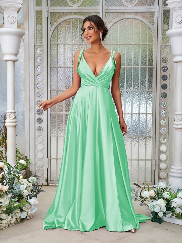 A-Line/Princess Silk like Satin Ruffles V-neck Sleeveless Sweep/Brush Train Bridesmaid Dresses 2494