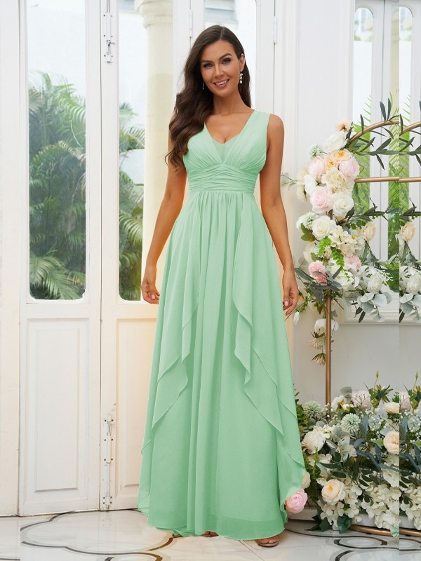 A-Line/Princess Chiffon Ruffles V-neck Sleeveless Floor-Length Bridesmaid Dresses 2240