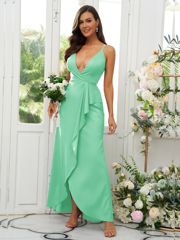 A-Line/Princess Silk like Satin Ruffles V-neck Sleeveless Floor-Length Bridesmaid Dresses 2492