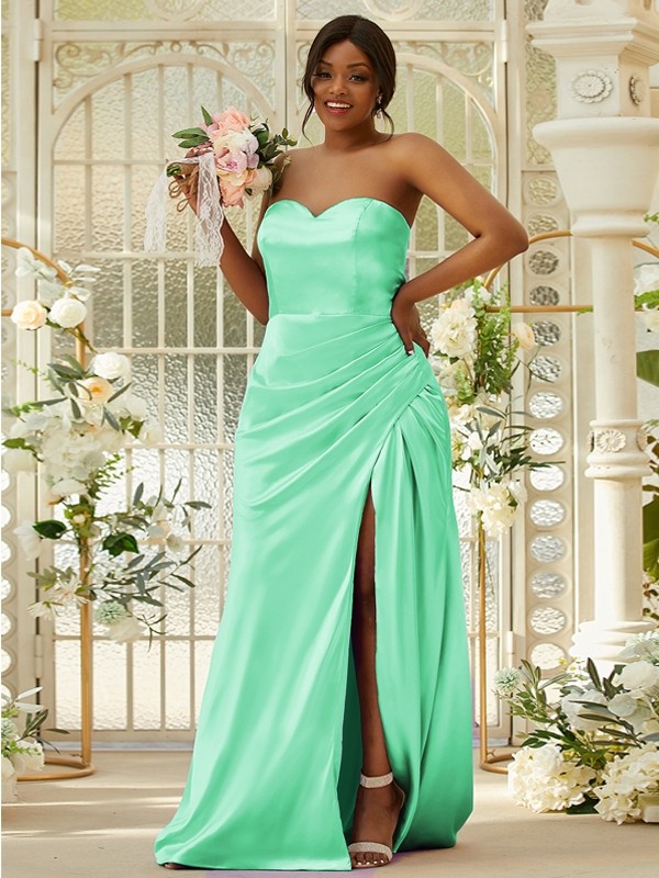 Sheath/Column Silk like Satin Ruched Sweetheart Sleeveless Sweep/Brush Train Bridesmaid Dresses 3079