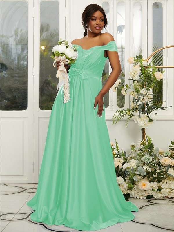 A-Line/Princess Silk like Satin Ruffles Off-the-Shoulder Sleeveless Sweep/Brush Train Bridesmaid Dresses 2482