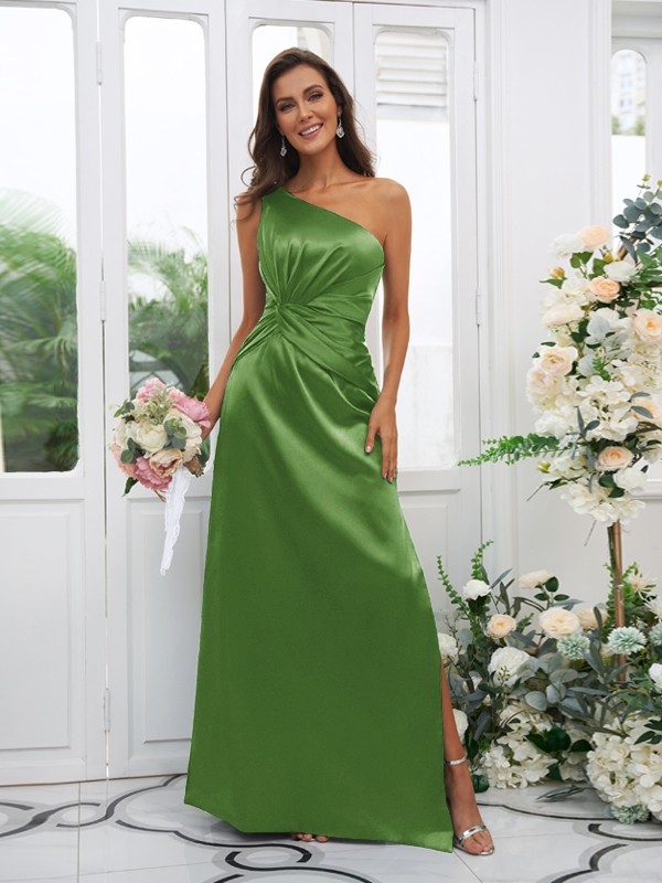 Sheath/Column Elastic Woven Satin Ruched One-Shoulder Sleeveless Floor-Length Bridesmaid Dresses 2922