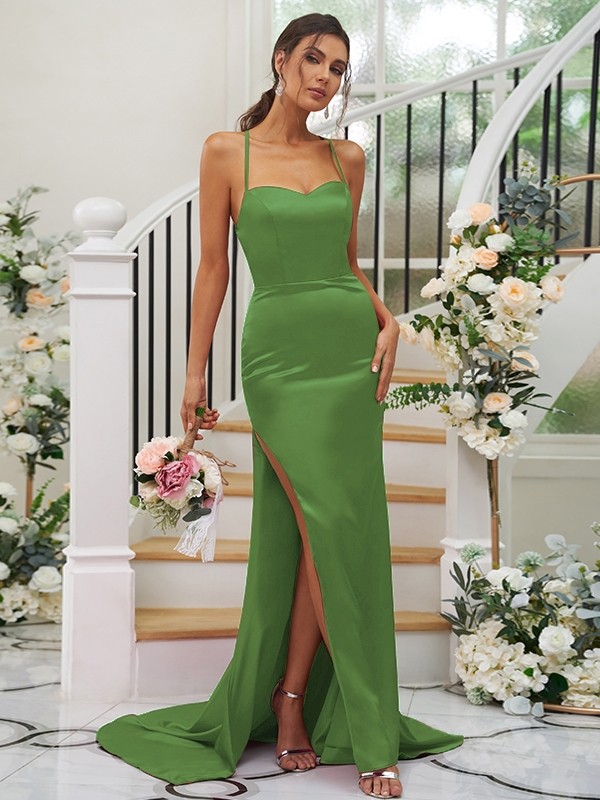 Sheath/Column Elastic Woven Satin Ruched Square Sleeveless Sweep/Brush Train Bridesmaid Dresses 2932