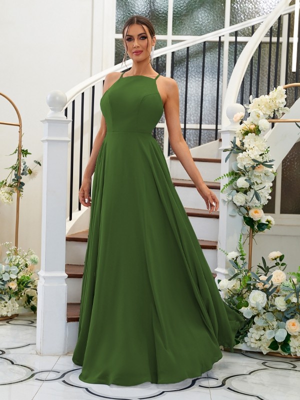 A-Line/Princess Chiffon Ruffles Halter Sleeveless Floor-Length Bridesmaid Dresses 2195