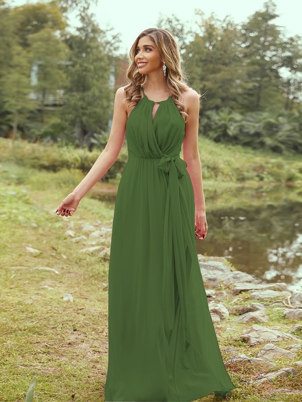 A-Line/Princess Chiffon Ruffles Halter Sleeveless Sweep/Brush Train Bridesmaid Dresses 2196