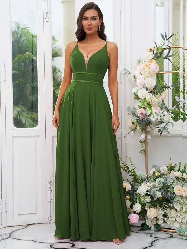 A-Line/Princess Chiffon Ruffles V-neck Sleeveless Floor-Length Bridesmaid Dresses 2239