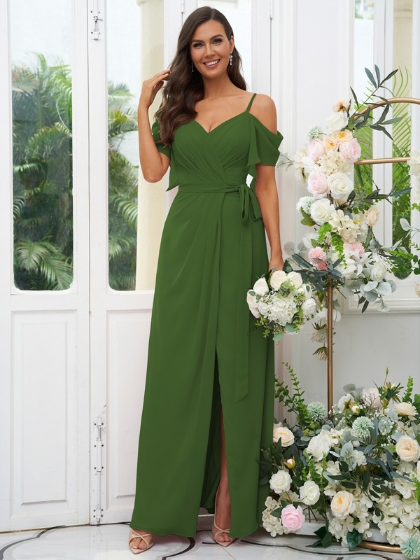 A-Line/Princess Chiffon Ruched V-neck Short Sleeves Floor-Length Bridesmaid Dresses 2171