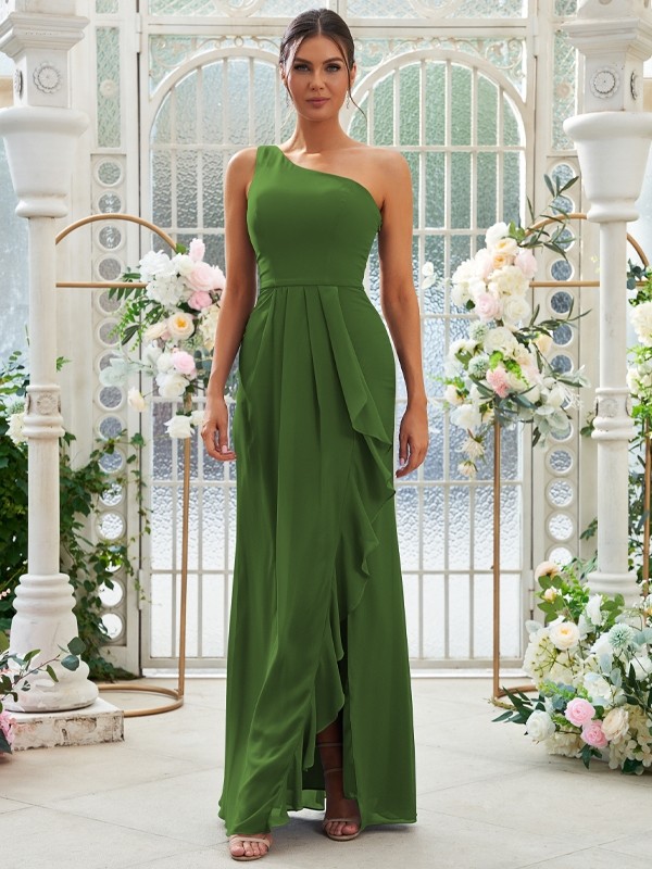 Sheath/Column Chiffon Ruffles One-Shoulder Sleeveless Floor-Length Bridesmaid Dresses 2914