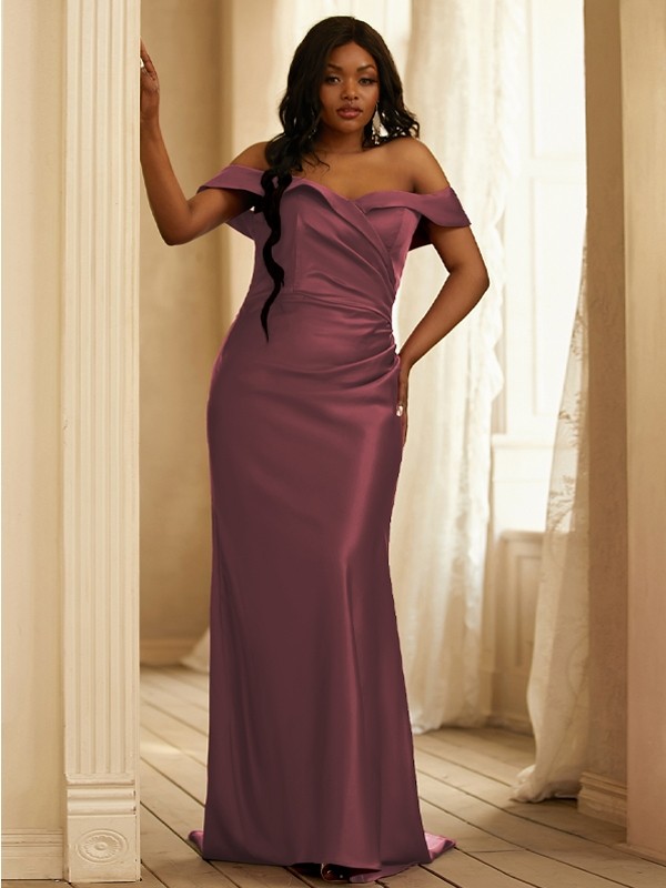 Sheath/Column Satin Ruched Off-the-Shoulder Sleeveless Sweep/Brush Train Bridesmaid Dresses 3019