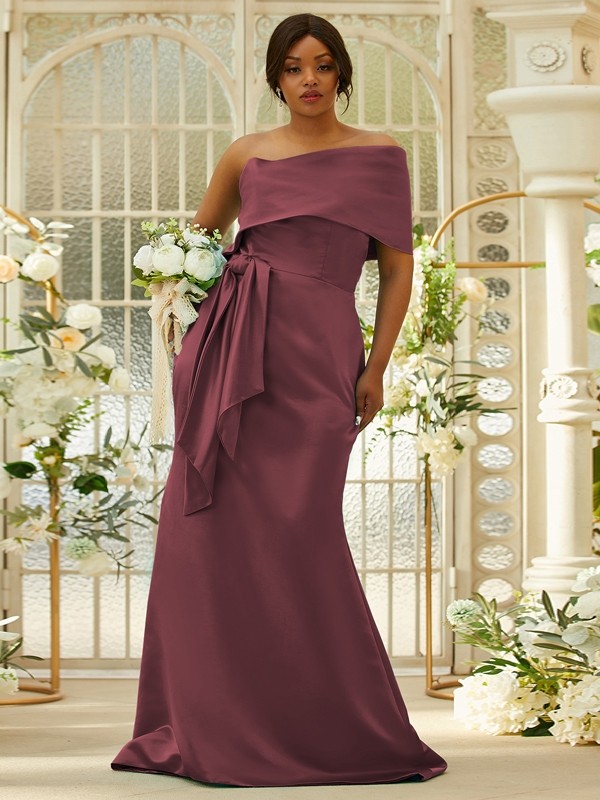 Sheath/Column Satin Ruched One-Shoulder Sleeveless Sweep/Brush Train Bridesmaid Dresses 3022