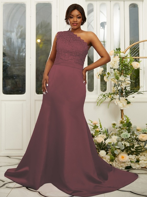 Sheath/Column Satin Lace One-Shoulder Sleeveless Sweep/Brush Train Bridesmaid Dresses 3017