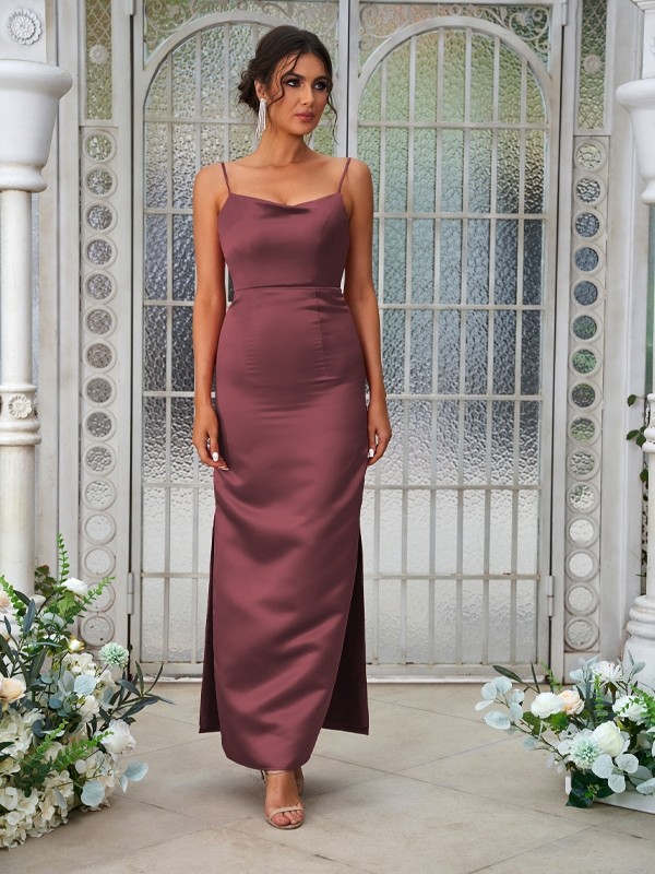 Sheath/Column Satin Ruched Spaghetti Straps Sleeveless Ankle-Length Bridesmaid Dresses 3025