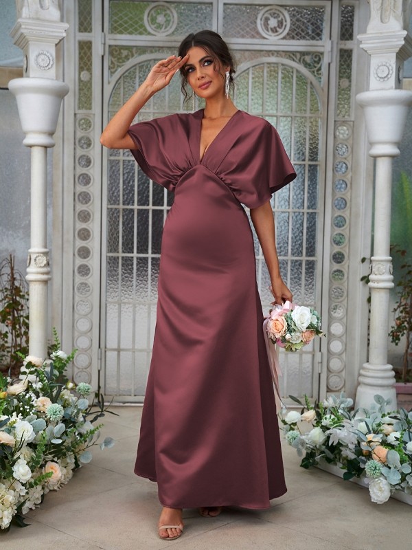 A-Line/Princess Satin Ruched V-neck Short Sleeves Floor-Length Bridesmaid Dresses 2431