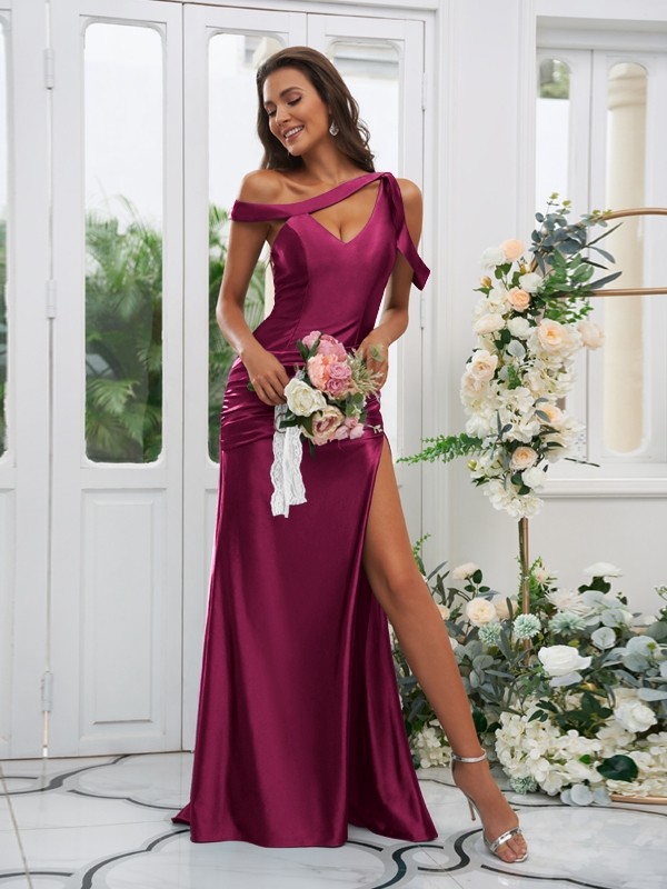 Sheath/Column Polyester Ruched Off-the-Shoulder Sleeveless Sweep/Brush Train Bridesmaid Dresses 2881