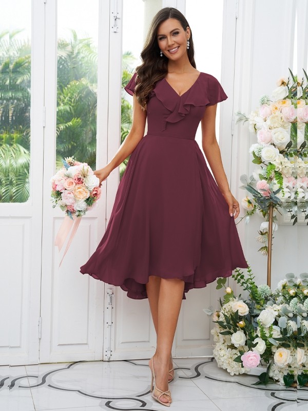 A-Line/Princess Chiffon Ruffles V-neck Short Sleeves Asymmetrical Bridesmaid Dresses 2221