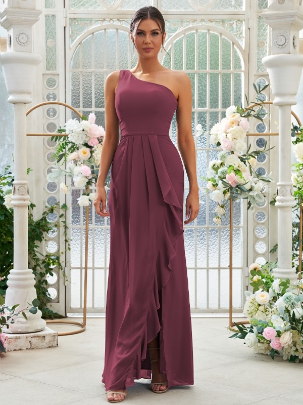 Sheath/Column Chiffon Ruffles One-Shoulder Sleeveless Floor-Length Bridesmaid Dresses 2914