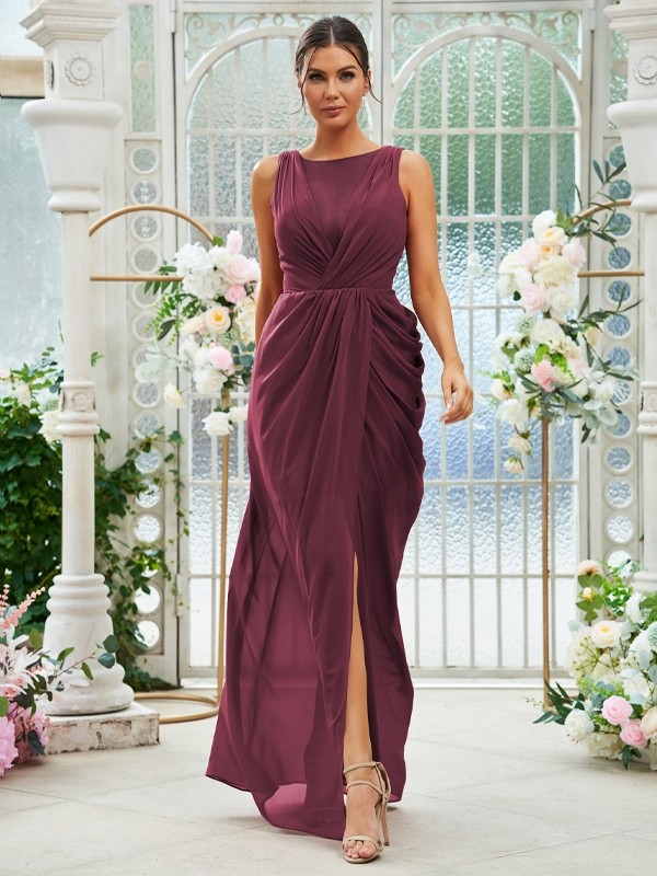 Sheath/Column Chiffon Ruched Scoop Sleeveless Floor-Length Bridesmaid Dresses 2904