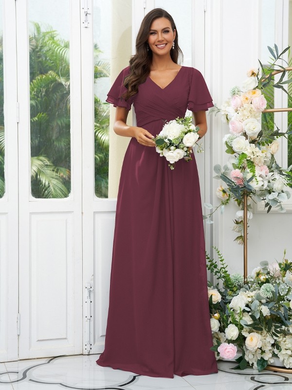 A-Line/Princess Chiffon Ruffles V-neck Short Sleeves Floor-Length Bridesmaid Dresses 2225